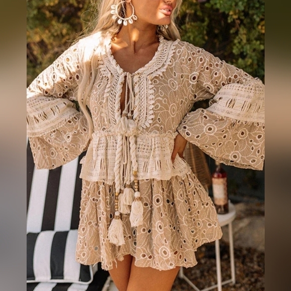 Gipsy Queen Tops - Gipsy Queen Barok Paris Boho Eyelet Lace Embroidered Open Tie-Front Cardigan Tan